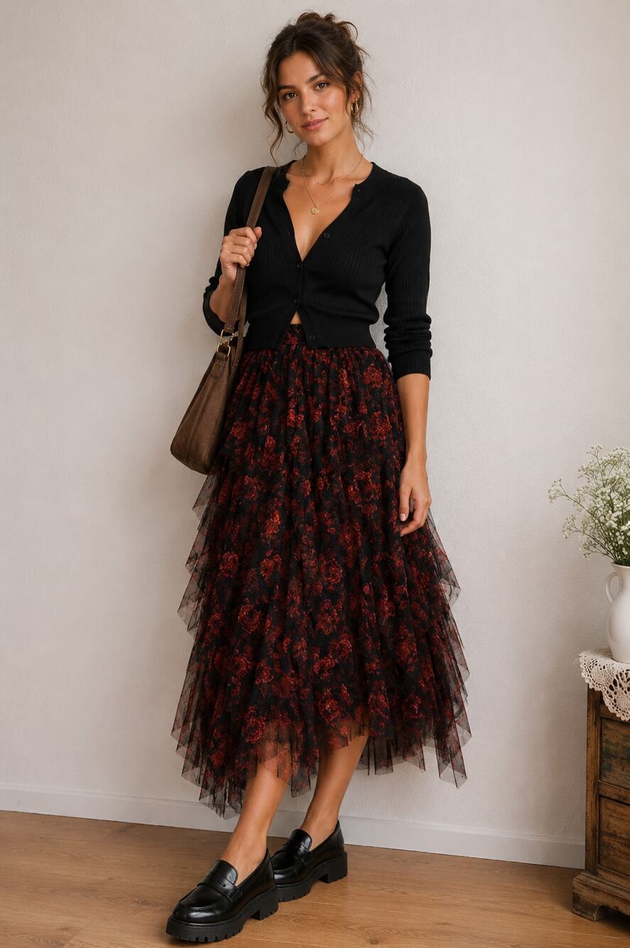 Amber Sky Black Burgundy Floral Tulle Ruffle Asymmetric Skirt Large NWT